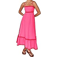 Viatabuna Womens Summer Flowy Spaghetti Strap Maxi Dresses Sleeveless Smocked Rickrack Trim Boho Beach A Line Long Sundresses