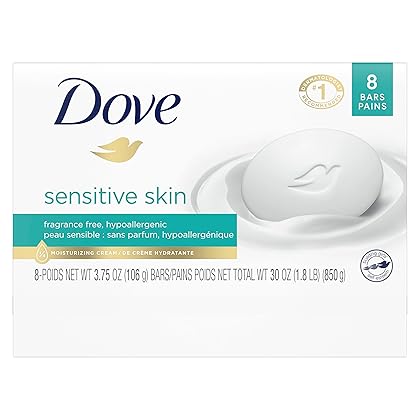 Dove Beauty Bar More Moisturizing Than Bar Soap for Softer Skin, Fragrance Free, Hypoallergenic Sensitive Skin With Gentle Cleanser 3.75 oz, 8 Bars