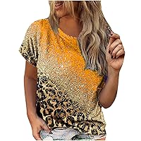 Womens Summer Tops Short Sleeve Color Block Leopard Print T-Shirt Casual Crewneck Loose Fit Tee Going Out Blouse