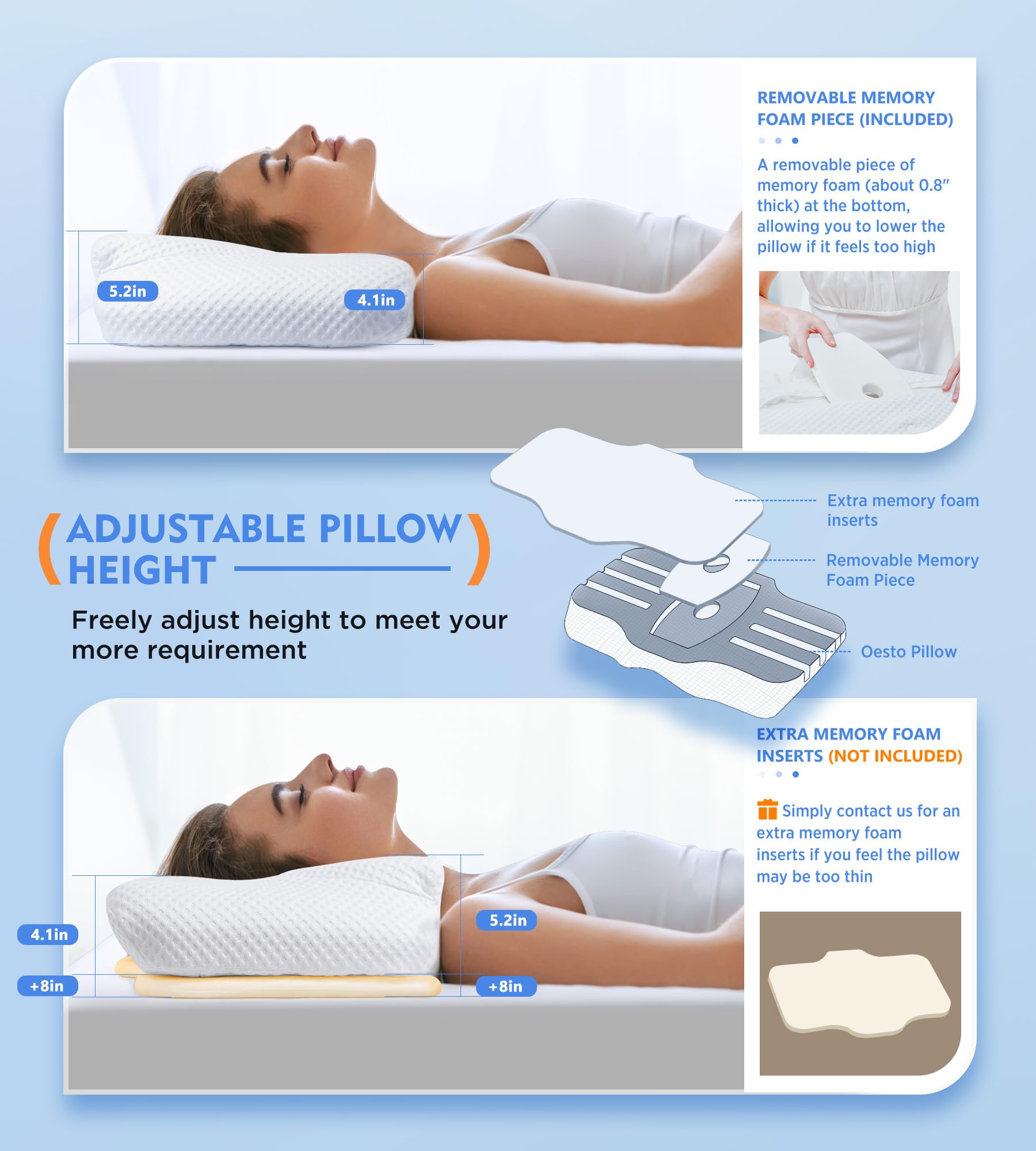 Osteo Cervical Pillow for Neck Pain Relief, Hollow Design Odorless Memory Foam Pillows with Cooling Case, Adjustable Orthopedic Bed Pillow for Sleeping, Contour Support for Side Back Stomach Sleepers