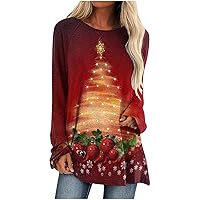 TUNUSKAT Cute Christmas Sweaters for Women Fashion Christmas Tree Print Long Sleeve T Shirts Loose Fit Xmas Holiday Tunic Top