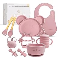 Silicone Baby Feeding Set - Complete Baby Led Weaning Supplies with Silicone Bibs, Suction Plates, Suction Bowl, Sippy Cup, Baby Spoon and Fork, Toddler Utensils (Angelic Pink)