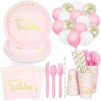 DYLIVeS 192pcs Pink Birthday Party Decorations Packs, Pink and Gold Dots Happy Birthday Party Supplies Set for Girls Women Pink Disposable Plates and Napkins Cups Straws Balloons Cutlery, Serve 24