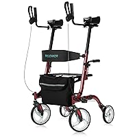 ELENKER Upright Rollator Walker, Stand Up Folding Rollator Walker Back Erect Rolling Mobility Walking Aid with Seat, Padded Armrests for Seniors and Adults, Red