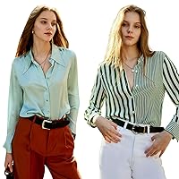 Women's 100% Pure Silk Blouse: Long Sleeve Lapel Collar Spring Summer Button Down Shirt Light Blue Tops and Women Elegant Soft Classic Formal Shirts Casual White & Green Striped Blouses,XL