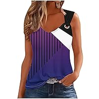 Women's Color Block Stripe Tank Tops Fashion V Neck O Ring Shoulder Camisole Shirts Summer Casual Loose Tanks Vest