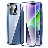 Clear Magnetic Case for iPhone 14 Glass Case with Camera Lens Protector Cover Built-in Touch Sensitive Anti-Scratch Screen Protector Safety Lock Metal Bumper Case (Blue)