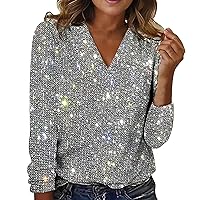 Women's Sequin Tops Sparkle Long Sleeve Blouses Shimmer Glitter Sweatshirt Party Crewneck Loose Fit Shirts 2024 Summer Top