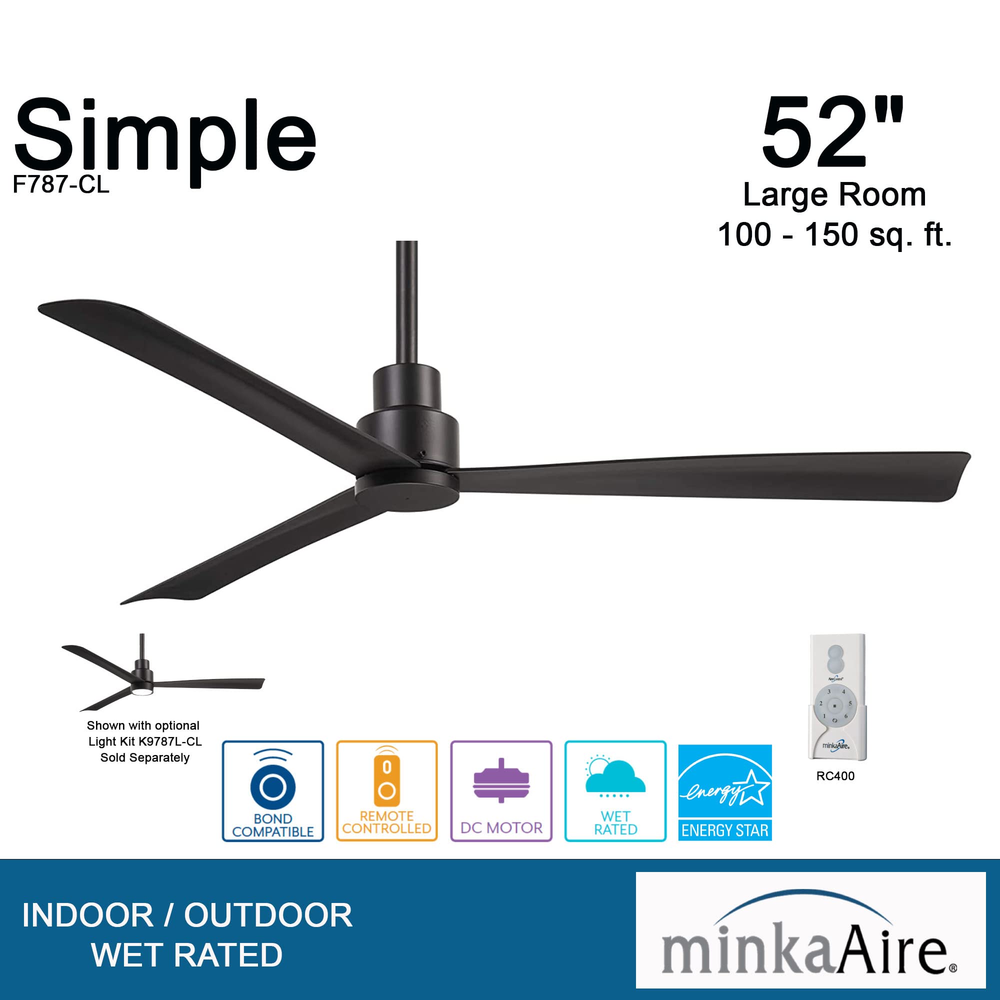 MINKA-AIRE F787-CL Simple 52 Inch Outdoor 3 Blade Ceiling Fan with DC Motor in Coal Finish