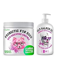 Probiotics for Dogs with Natural Digestive Enzymes + Prebiotics for Allergy & Itch Relief 120 Soft Chews and Wild Alaskan Salmon Oil for Dogs & Cats Bundle