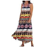 Maxi Dresses for Women Summer Loose Crewneck Wave Dot Print Sleeveless Large Swing Dress with Pocket