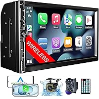 Wireless 7 Inch Double Din Car Stereo with Apple Carplay,HD 1024 * 600 Touch Screen,FM Car Radio Receiver with Bluetooth 5.1 Hands-Free,GPS Navigation,Backup Camera,Android Auto,USB/AUX/TF/SWC/EQ