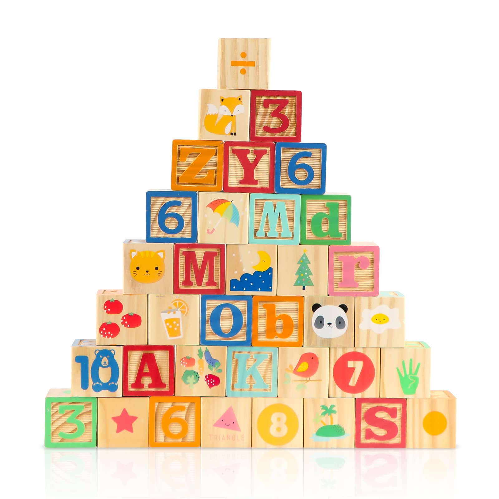 FOPNETS Wooden ABC Building Blocks 36 Large Stacking and Building Blocks for Toddlers Colorful Alphabet Number Icons Preschool Educational Montessori Toys for Boys Girls Gifts