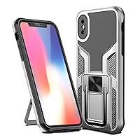 Shockproof Case for iPhone Xs Max Case Cover with Holder Kickstand, Heavy Duty Protective Bumper Armour Phone Shell with Magnetic - Silver
