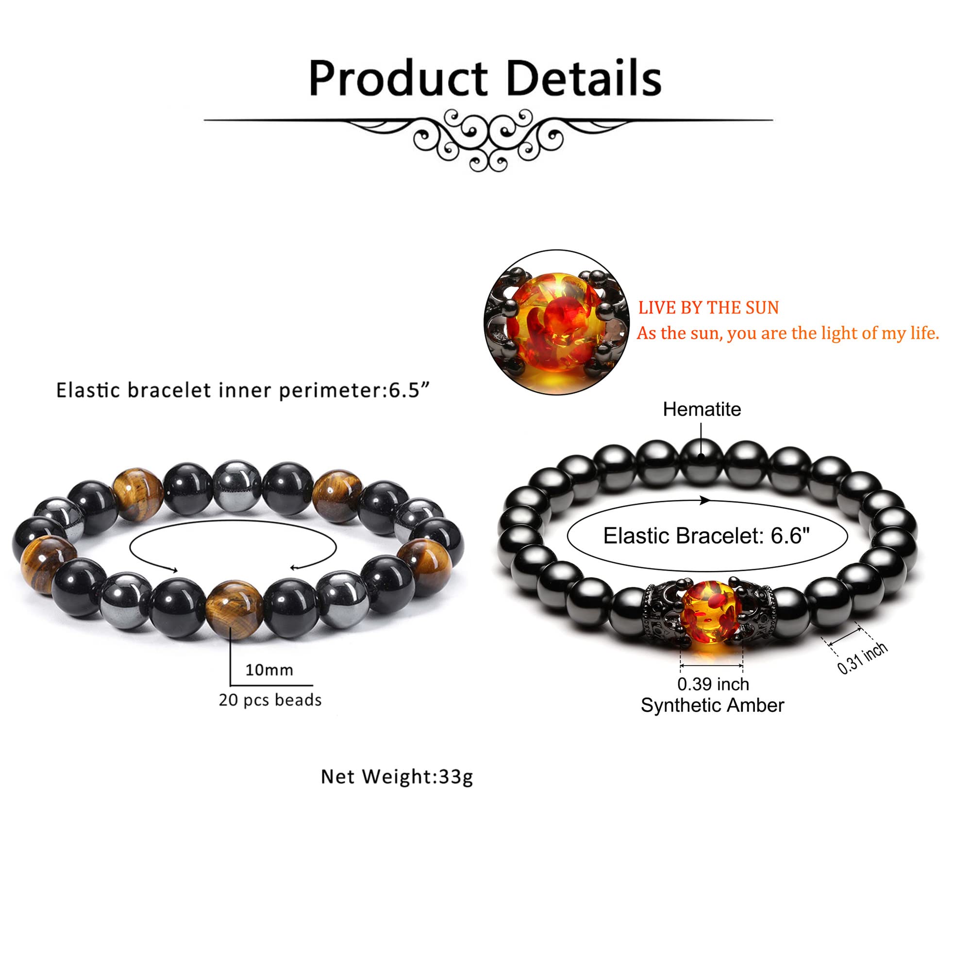 Jovivi Bundle - 2 Items Hematite Black Obsidian Tiger Eye Stone Bracelets + 2 Pcs Lava Rock Hematite Black Obsidian Tiger Eye Stone Bracelets for Women Men