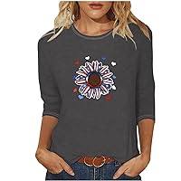 4th of July Tops for Women American Flag Print 3/4 Sleeve Shirts Patriotic Independence Day T Shirt Sunflower Printed Tees