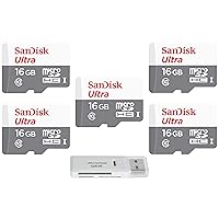 SanDisk 16GB Ultra (5 Pack) MicroSD Class 10 80MB/s Micro SDHC Memory Card for Smart Phones &Tablets SDSQUNS-016G Bundle with (1) GoRAM Reader (16GB, 5 Pack)