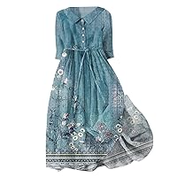 Linen Dress,Women Korean Style Dresses Lace Up Waist Defined Shirt Midi Dress Summer Half Sleeve Swing Party D