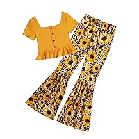 OYOANGLE Girl's 2 Piece Outfits Clothes Set Graphic Print Short Sleeve T-Shirt and Flare Leg Pants Set