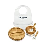 NutriChef Baby and Toddler, 3 compartment plate, bowl, and spoon feeding set- silicon suction, Non-toxic all natural Bamboo baby food plate with silicon bib
