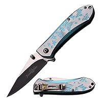 – Spring Assisted Open Folding Pocket Knife – Black/Satin Finish Stainless Steel Blade, Blue/Silver Aluminum Handle w/ Butterflies, Pocket Clip, EDC, Self Defense – FF-A010LB