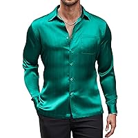 COOFANDY Men's Luxury Satin Dress Shirt Shiny Silk Long Sleeve Button Up Shirts Wedding Shirt Party Prom, Green
