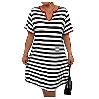 SOLY HUX Women's Plus Size Short Sleeve Striped Dress V Neck Loose Summer Tee Shirt Dress