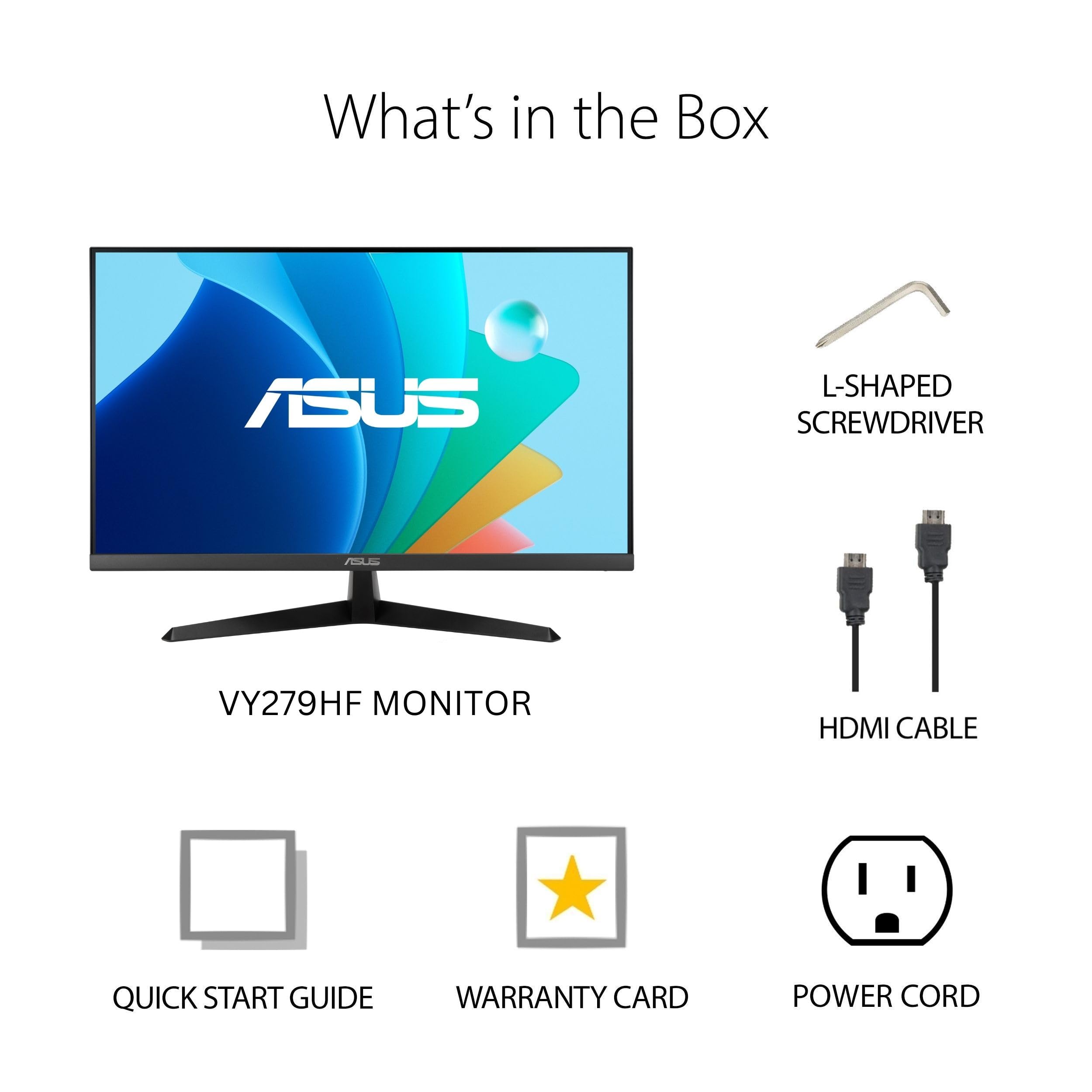 ASUS 27” 1080P Eye Care Monitor (VY279HF) – Full HD, IPS, 100Hz, SmoothMotion, 1ms, Adaptive Sync, for Working and Gaming, Blue Light Filter, Flicker Free, HDMI, VESA Mountable, 3 Year Warranty