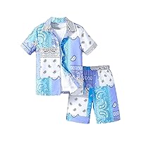 COZYEASE Boy's 2 Piece Outfits Paisley Print Short Sleeve Button Down Shirts and Short Set Summer Outfits