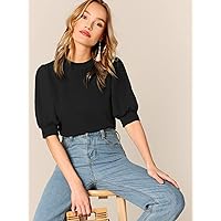 Women's Tops Sexy Tops for Women Shirts Keyhole Back Mock-Neck Puff Sleeve Top (Color : Black, Size : Large)