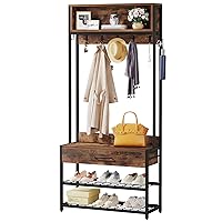 4-in-1 Entryway Hall Tree with Drawer, Industrial Coat Rack with Shoe Bench, Shoe Storage Rack, Hutch and 9 Hooks, Rustic Brown