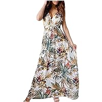 Deep V Neck Bohemian Floral Summer Dresses for Women 2024 Trendy Sleeveless Long Dress Casual Beach Maxi Sun Dress