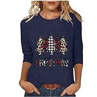Merry Christmas 3/4 Sleeve Tops for Women Cute Xmas Tree Tshirts Plus Size Crew Neck Blouse Soft Holiday Pullover Tees Dark Blue