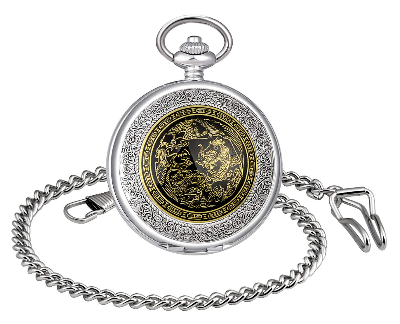 Unendlich U Mens Antique Mechanical Pocket Watch Lucky Dragon Retro Watch with Chain