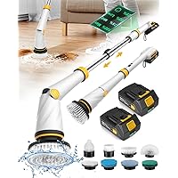 1200 RPM Powerful Electric Spin Scrubber with 8 Cleaning Brush, 2 Battery Cordless Shower Scrubber with 3 Speeds Display & 50inch Retractable Handle, IPX7 Waterproof Power Scrubbers for Deep Cleaning