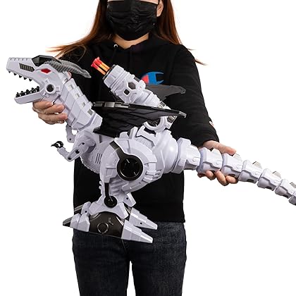 Multifunctional R/C Robotic Dinosaur with Mist Spray and Soft Bullets Shooting, Interactive Electronic Fire Breathing Dragon with Programming, Intelligent Walking T-rex Toy Gift for Kids (White)