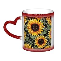Floral Sunflower Print Coffee Mug 13 oz Heat Sensitive Color Changing Mug Cute Ceramic Mug For Women Men