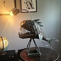 Hand-Made Custom Angler Fish Lamp Art Lamp,Iron Making Craft USB Lamp LED Light Shark Lamp Table Decor,for Kids Boys Room, Office, Home Decor,Bar, Restaurant, Cafe Light （3 Sizes） (Large)