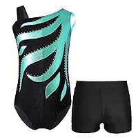 Kids Girls Shiny Metallic Dance Outfits Color Patchwork Gymnastics Leotard with Athletic Shorts Tracksuit Activewear