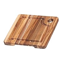 Marine Cutting Board with Juice Groove - Small Square Bar Cutting Board with Corner Hole - Reversible Teak Edge Grain Wood - Knife Friendly - FSC Certified