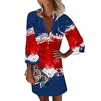 Cute 4th of July Outfits for Women Patriotic Dress for Women Sexy Casual Vintage Print with 3/4 Length Sleeve Deep V Neck Independence Day Dresses Royal Blue Medium