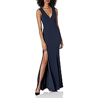 Dress the Population Women's Sandra Plunging Thick Strap Solid Gown with Slit Dress