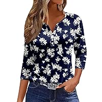 COTECRAM Tops for Women 2024 Summer Casual 3/4 Length Sleeve Button V Neck T Shirts Floral Print Graphic Tees Loose Tunics