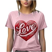 Valentine's Day Tshirt Women Novelty Love Heart Graphic Tees Letter Print Short Sleeve Crewneck Tops for Going Out
