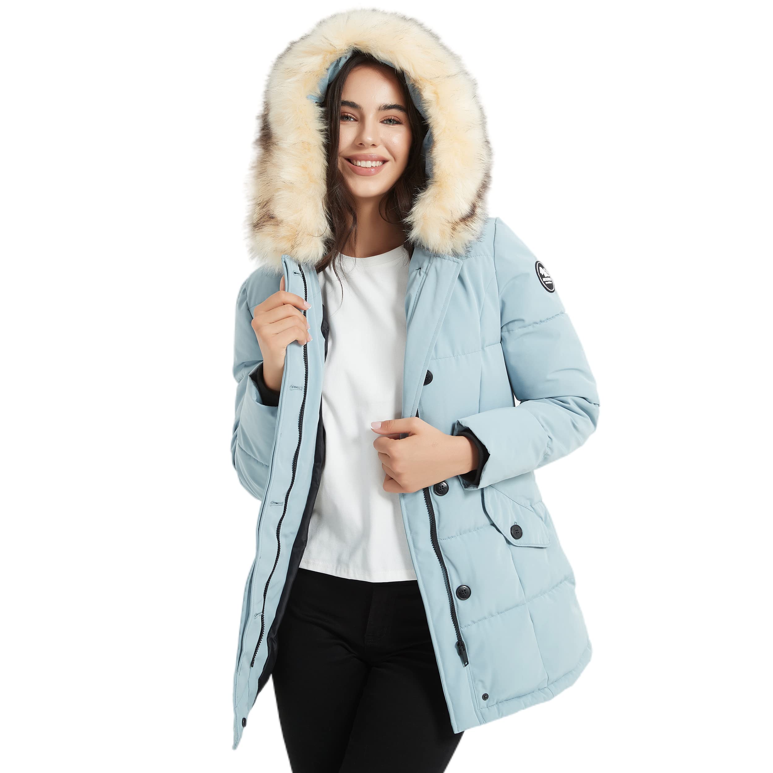 Molemsx Women's Padded Jacket, Ladies Fur Hooded Thickened Vegan Down Long Parka Winter Outwear Warm Puffer Coat XS-XXL