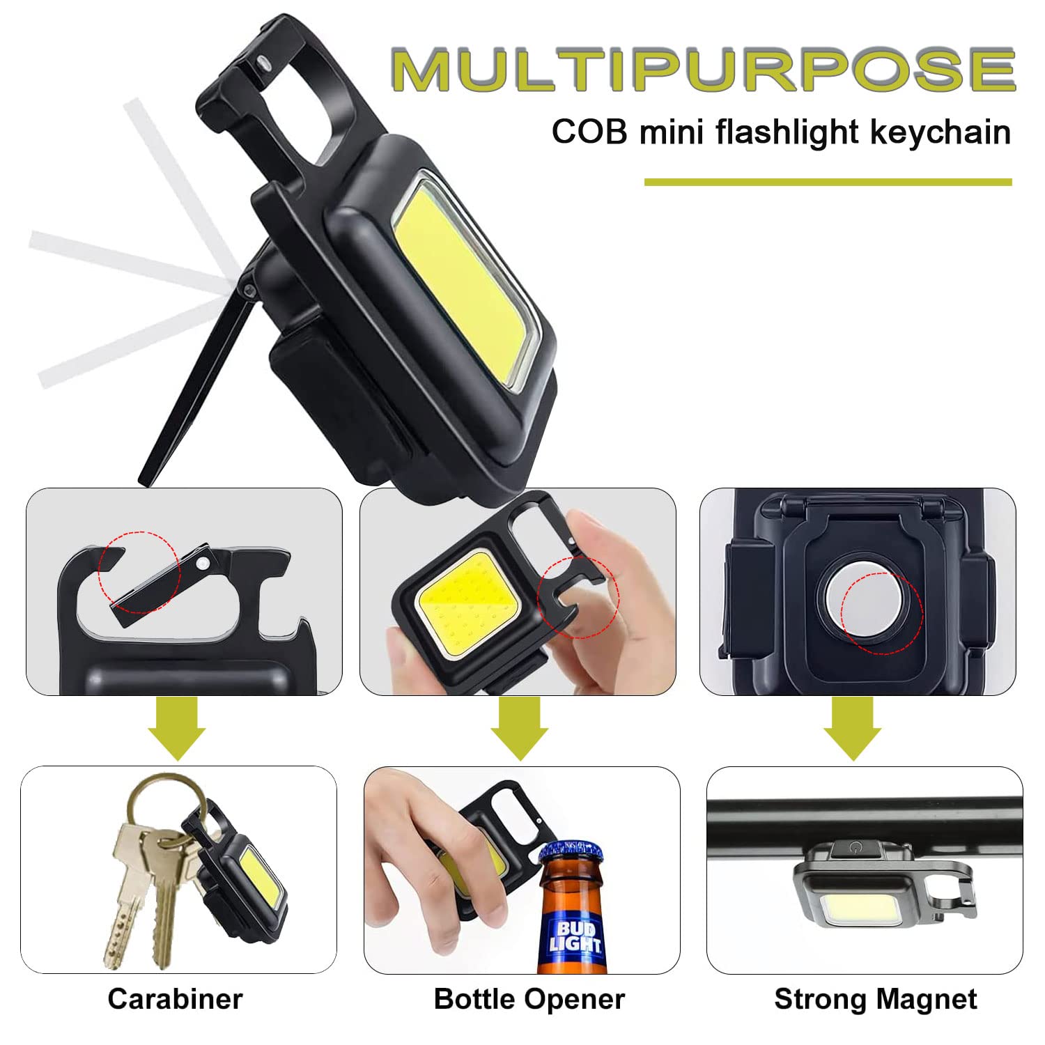 Keychain Light,Mini Cob Flashlight,Super Bright Light (Max to 500Lumens)Rechargeable Small Emergency Light,4 Modes Portable Pocket Light with Folding Bracket Bottle Opener for Fishing ,Camping,Walking