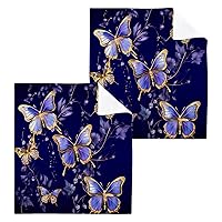 Purple Gold Butterfly Washcloths 2 Pack, Soft Absorbent Cotton Baby Face Towels, Washable Reusable Fingertip Towels for Bath Gym Hotel Spa, 12 x 12 Inch