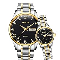 OLEVS Valentines Couple Pair Quartz Watches Luminous Calendar Date Window 3ATM Waterproof, Casual Stainless Steel His and Hers Wristwatch for Men Women Lovers Wedding Romantic Gifts Set of 2