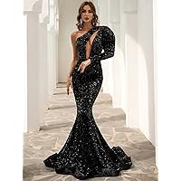 Womens Fall Fashion 2022 One Shoulder Cut Out Mermaid Hem Sequin Prom Dress (Color : Black, Size : Large)
