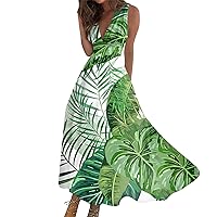 Summer Dresses for Women 2024 Floral Print Beach Dress Sleeveless Elegant Sundresses Wrap V Neck Flowy Maxi Dress
